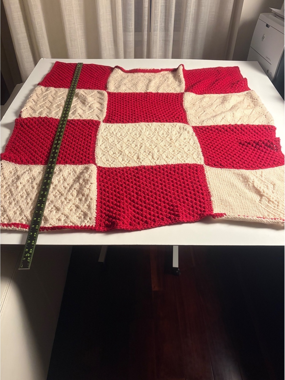 Handmade Red and Cream Knitted Patchwork Throw Blanket